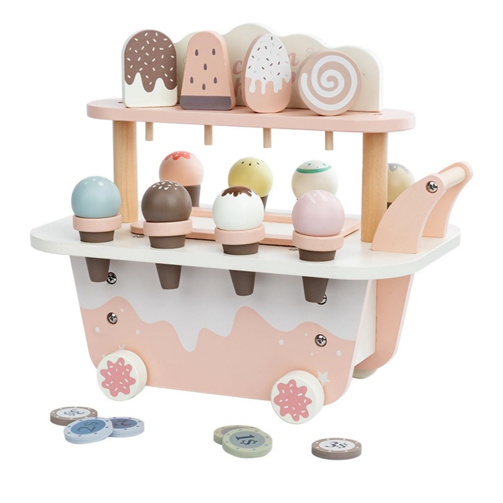 FytStycale Ice Cream Cart with Make-Believe Snacks Wooden Ice Cream Cart with Handle Pastel Pretend Play Store for Young Children