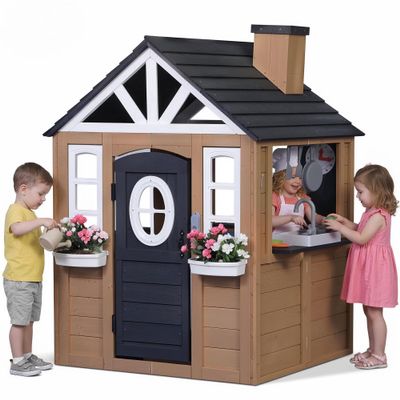 Sunnyfree 9-in-1 Playhouse for Kids Outdoor, Wooden Play House with Play Kitchen, Snack Bar, Working Doorbell, Toy Phone, Dog Door, Blakboard and Markers & Flower Holders, for Kids 3-8 Y-Cedar Wood
