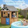 Sunnyfree 9-in-1 Playhouse for Kids Outdoor, Wooden Play House with Play Kitchen, Snack Bar, Working Doorbell, Toy Phone, Dog Door, Blakboard and Markers & Flower Holders, for Kids 3-8 Y-Cedar Wood view 3