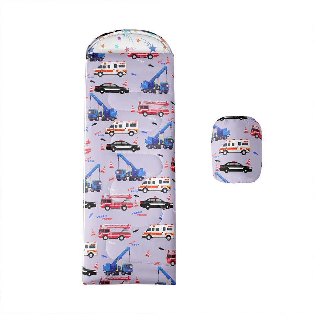 Feelyou Kids Cartoon Car Camping Sleeping Bag Police Car Sleeping Bags Ambulance Camping Bag Decor Boys Fire Truck Grey Emergency Responder Vehicles Waterproof Backpacking Compact Boys