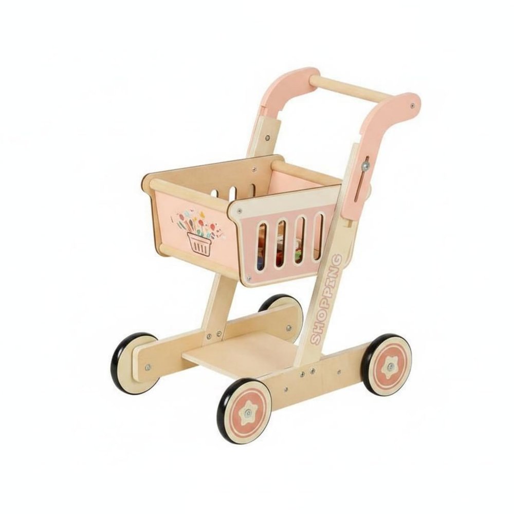 FytStycale Wooden Shopping Cart Toy Push and Pull Doll Slotted Side Panels for Children, Pink Shopping Cart