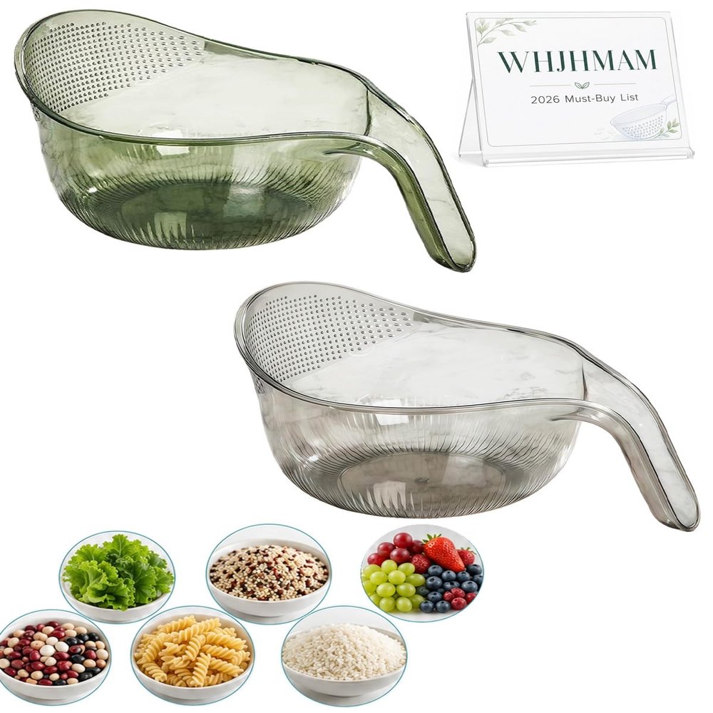 Rice Rinsing Bowl with Strainer and Handle, Multifunctional Kitchen Washing Bowl, Bpa-Free Clear Rice Rinser Colander for Grains, Quinoa, Fruits and Vegetables, Fine-Hole Drainer Basket