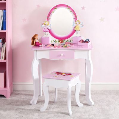 ZOMEYLPO Kids Vanity Set Wooden Girls Vanity Table and Chair Set with Mirror and Stool 23.6 x 11.8 x 40.6 in Pull Out Drawer Side Jewelry Boxes for Toddlers Role Play