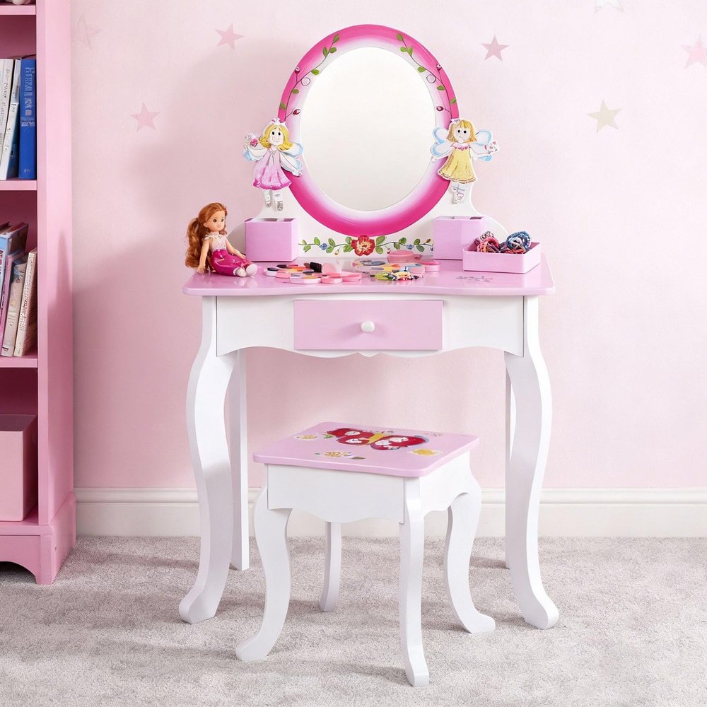 ZOMEYLPO Kids Vanity Set Wooden Girls Vanity Table and Chair Set with Mirror and Stool 23.6 x 11.8 x 40.6 in Pull Out Drawer Side Jewelry Boxes for Toddlers Role Play