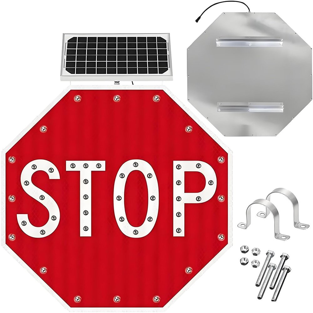 GTANND Led Reflective Stop Mark Traffic Sign,Aluminum Solar-Powered Octagon Road Stop Signs Traffic Blinking Street,Traffic Road Warning Flashing Road Stop Signs 80 * 80cm(32in)