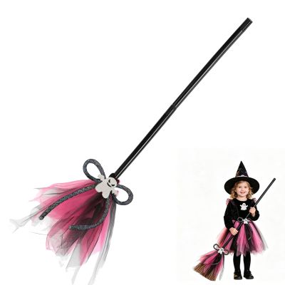 Halloween Witch Broom Prop, Plastic Witch Broomstick for Halloween Party, Cosplay Accessory, Flying Broomstick with Ribbons for Decoration Masquerade Show Dress Up Party Supplies, Hot Pink