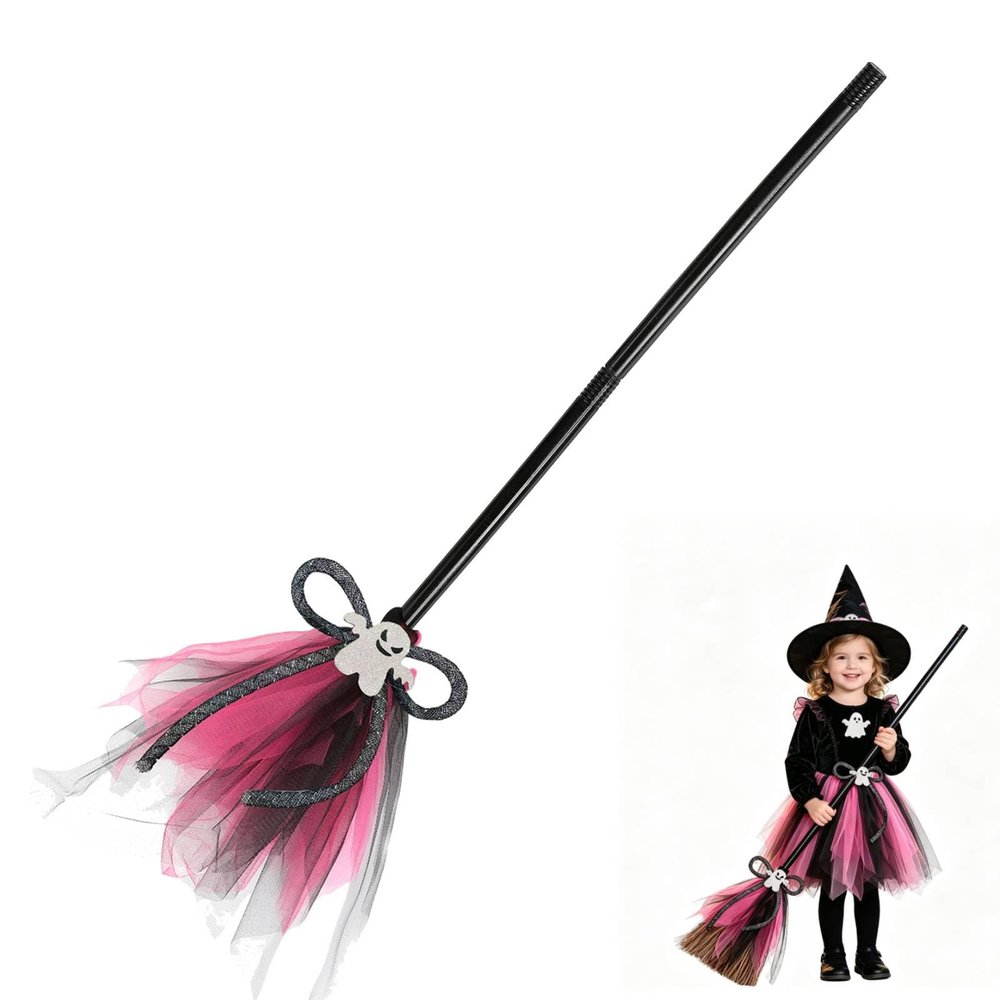 Halloween Witch Broom Prop, Plastic Witch Broomstick for Halloween Party, Cosplay Accessory, Flying Broomstick with Ribbons for Decoration Masquerade Show Dress Up Party Supplies, Hot Pink