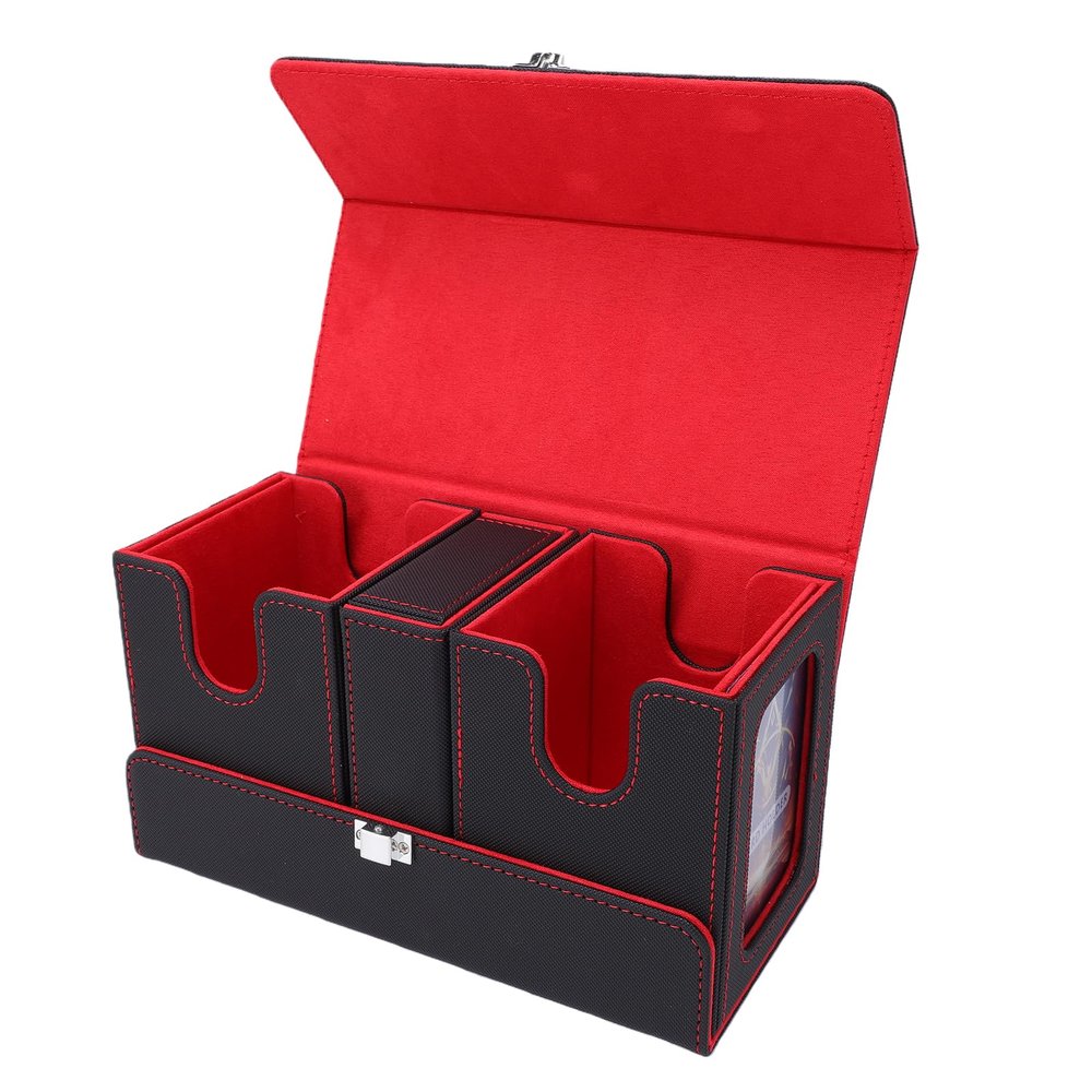 LAISANIM Dual Window Card Box Portable Dice Holder PU Leather Card Storage Case 118x210x98mm - Magnetic Lock Protection, Ergonomic Design for Trading Games and Tabletop Accessories
