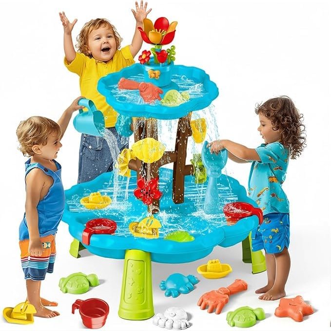 Linkowin Kids Flower Water Sand Table for Toddlers, 2 Tier Kids Outdoor Water Sand Play Table Toys, Splash Sensory Table for Summer Beach Activity Party for Boys Girls (Age 3+)