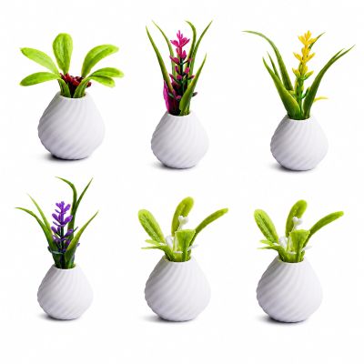 ZZGSUS Mini Floral Vase Decor Set of 6, Miniature Flower Vase Ornaments for Desk Shelf Dollhouse, Tiny Faux Plant Accents for Micro Landscape, Car Dashboard, Home Office Decor
