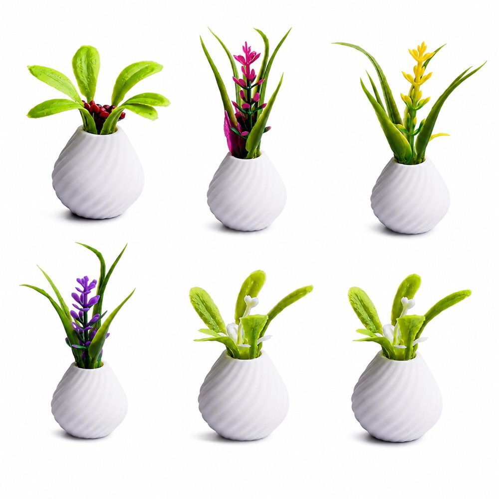 ZZGSUS Mini Floral Vase Decor Set of 6, Miniature Flower Vase Ornaments for Desk Shelf Dollhouse, Tiny Faux Plant Accents for Micro Landscape, Car Dashboard, Home Office Decor