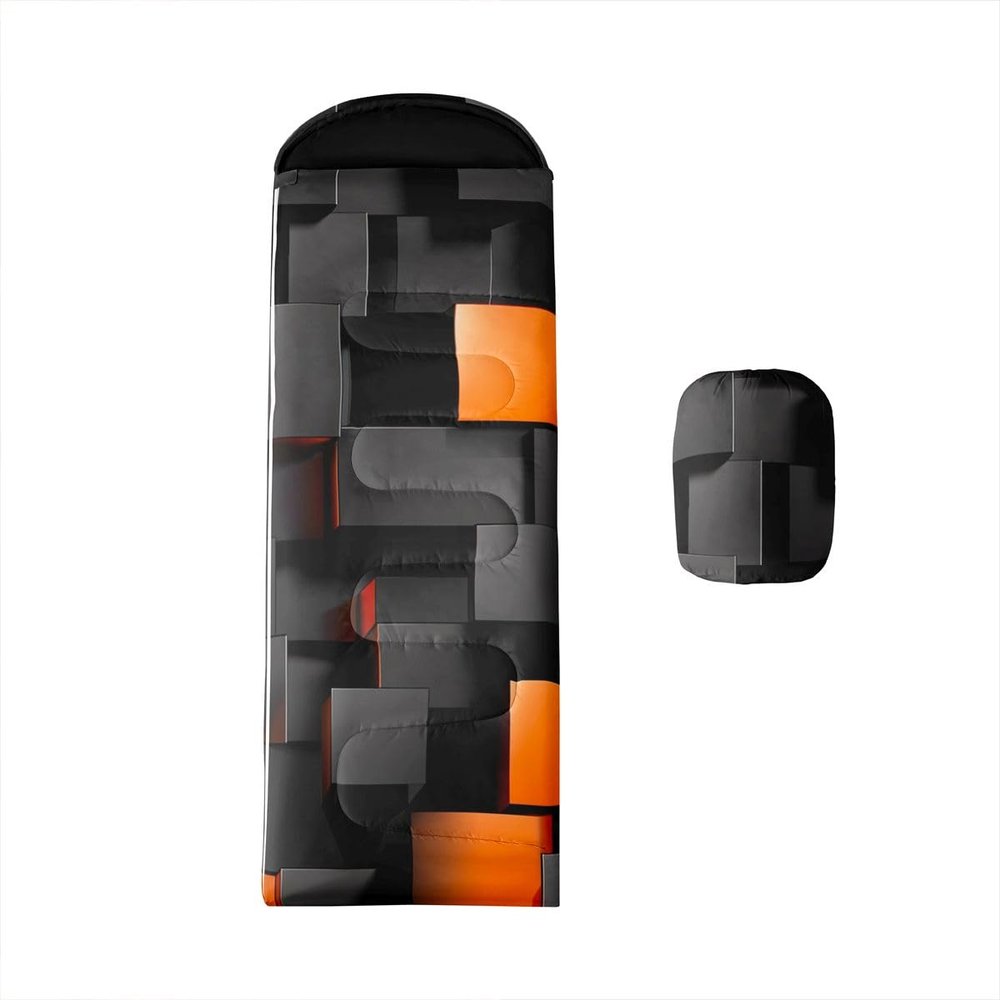 jejeloiu 3D Block Kids Sleeping Bag for Girls Boys Abstract Geometric Warm Cool Weather Camping Sleeping Bags Black Orange Waterproof Hiking Indoor Outdoor Camping Gear with Compression Sack