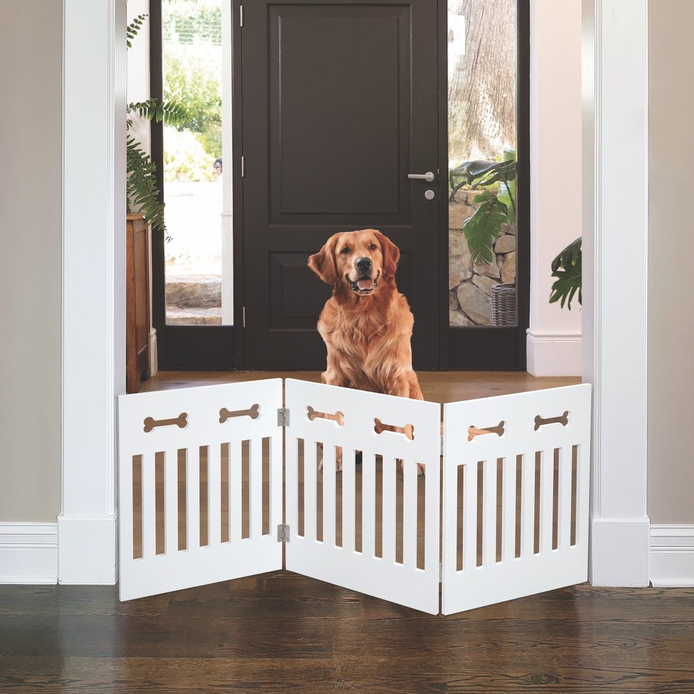 47.5'' Indoor/Outdoor Free Standing Adjustable Solid Wood 3 Panel Bone Design Pet Gate - White