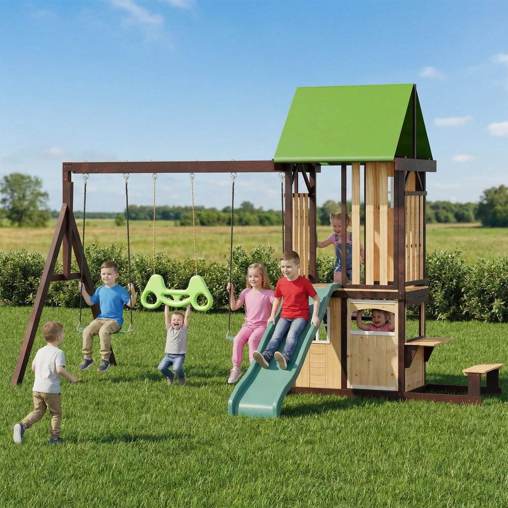 HOMMOW 7 in 1 Outdoor Wooden Swing Set for Kids 0.5-12 Years