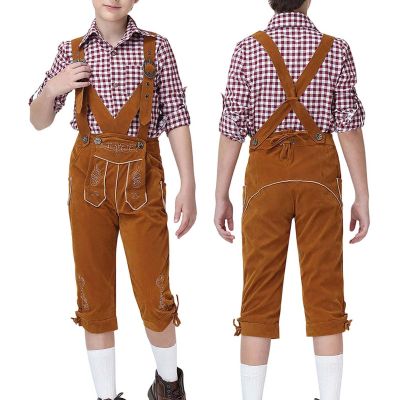 Boys Oktoberfest Costume, Lederhosen Gingham Shirt Lederhosen Shorts Traditional German Costume