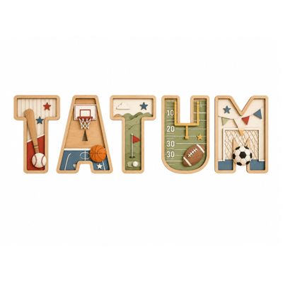 Sports Wooden Name Sign 3D Layered Letter, Custom Baby Boy Initials Nursery