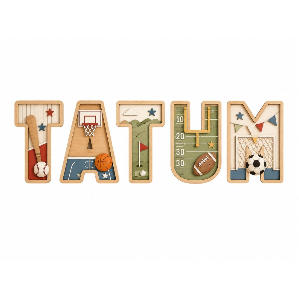 Sports Wooden Name Sign 3D Layered Letter, Custom Baby Boy Initials Nursery