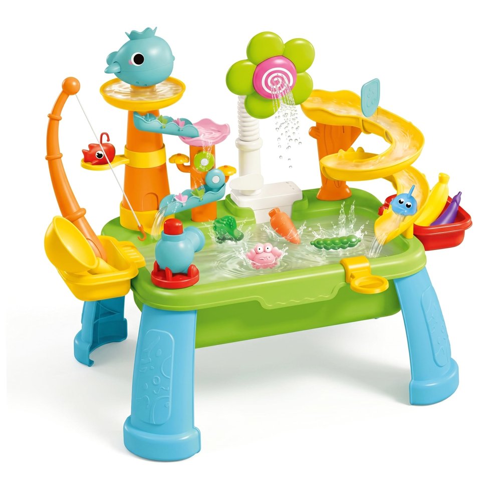 Nukinp Sand and Water Table, Fun Kids Water Table with Electric Recirculating Play Sink, Multi-Activity Center with Fishing & Slide for Boys Girls