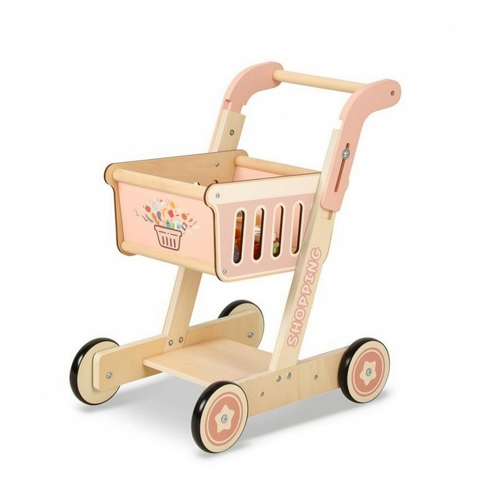 Milageto Wooden Shopping Cart Child Imaginative Shopping Cart for Kids, Playroom, Nursery