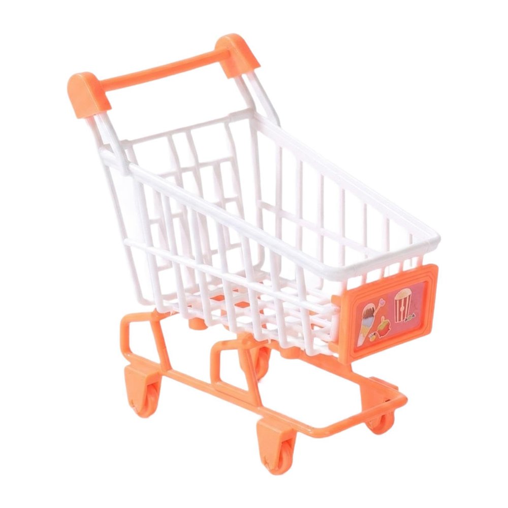 Mini Shopping Cart Storage Organizer Basket Miniature Handcart Trolley PP Makeup Holder for Storing Desk Essentials Suitable for Office Students Gift, Orange
