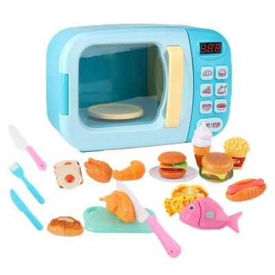 PETSOLA 13 Pieces Kids Mini Set Microwave Oven Pretend Cooking Food Accessories Simulation Appliance Educational PP Material Suitable for Preschoo, Blue, 31Pcs