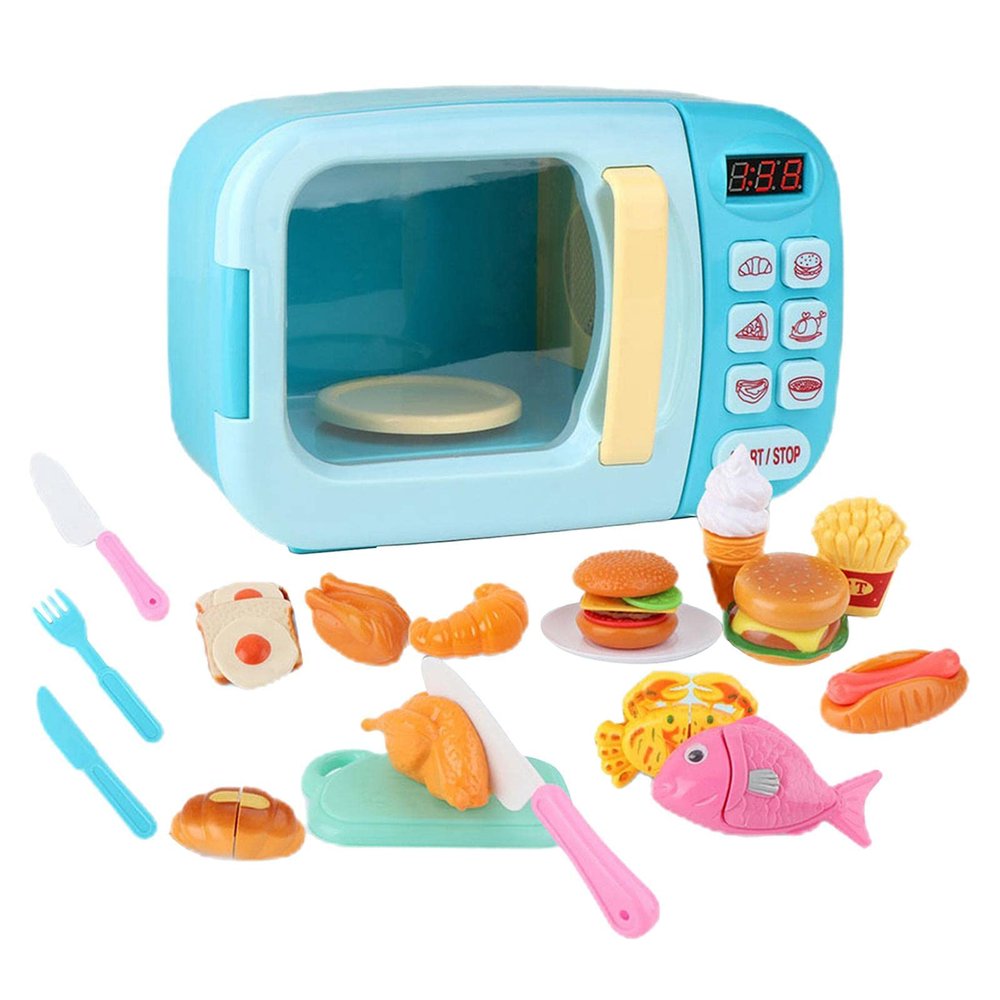 PETSOLA 13 Pieces Kids Mini Set Microwave Oven Pretend Cooking Food Accessories Simulation Appliance Educational PP Material Suitable for Preschoo, Blue, 31Pcs