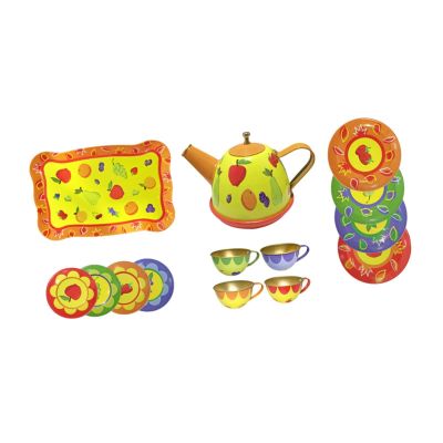 PETSOLA Miniature Teapot Tea Party Set Pretend Play Kitchen Tinplate Cup Plate Princess Dessert Tray Simulation Suitable for Birthday Party Home Play, Yellow