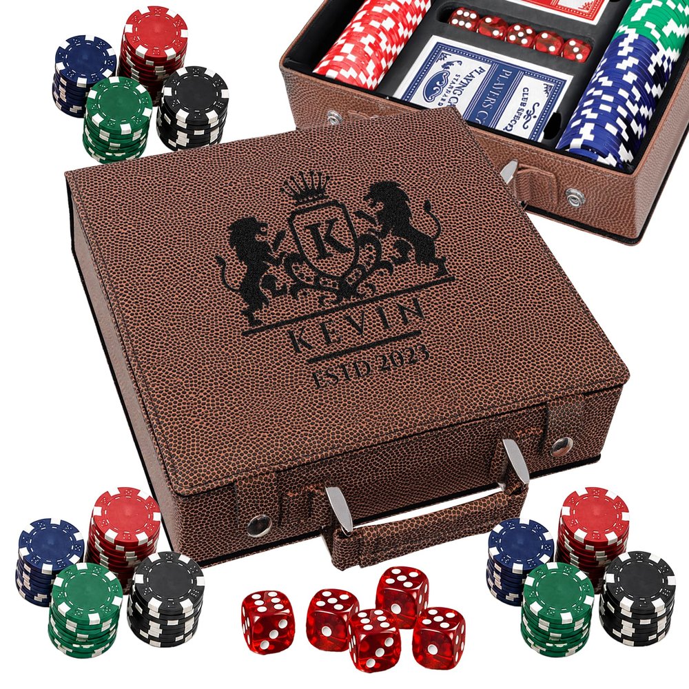 Personalized Engraved Poker Set Gift for Men (Brown Football Texture)