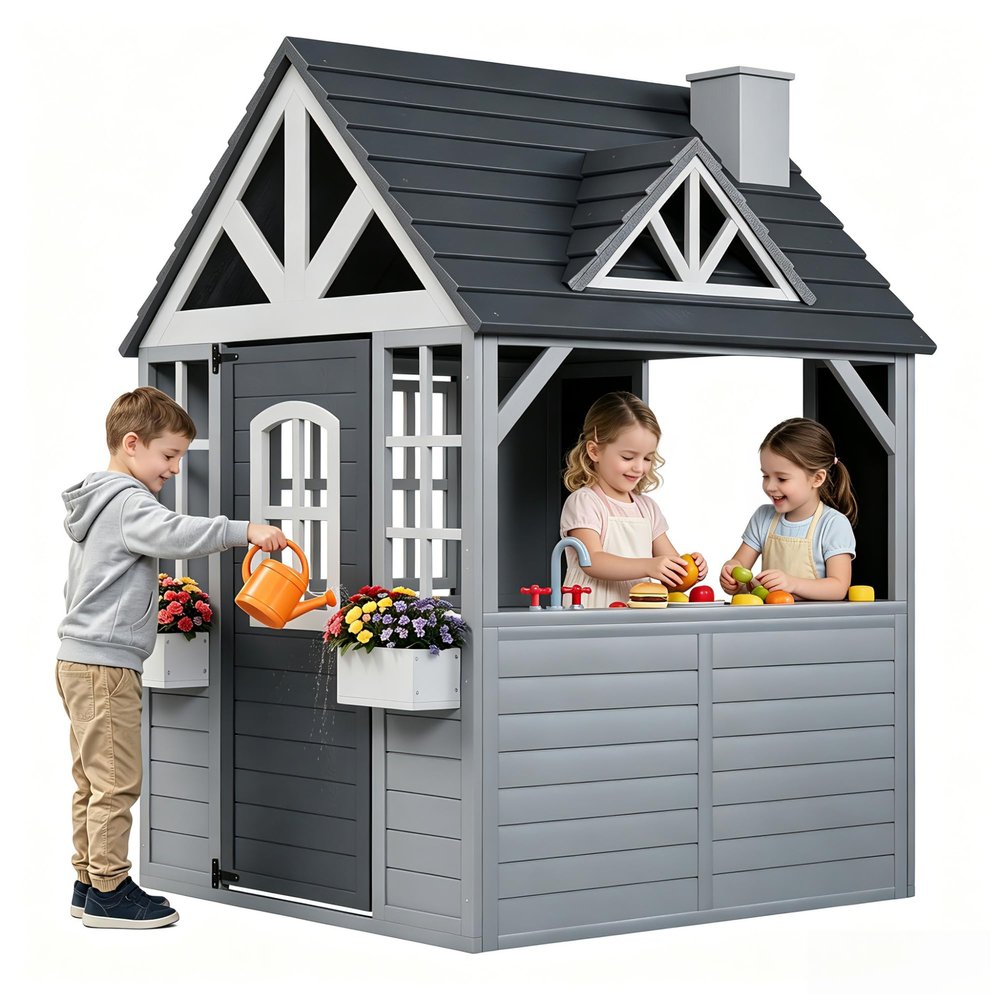 Aoxun Kids Outdoor Playhouse Wooden Cottage Play House for Kids Ages 3+