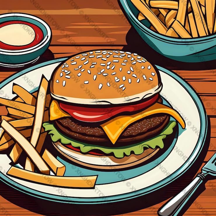 Cheeseburger On A Plate with Fries Jigsaw Puzzle 500 Piece Wooden Puzzle Family Decorations Unique Present Suitable for Adults