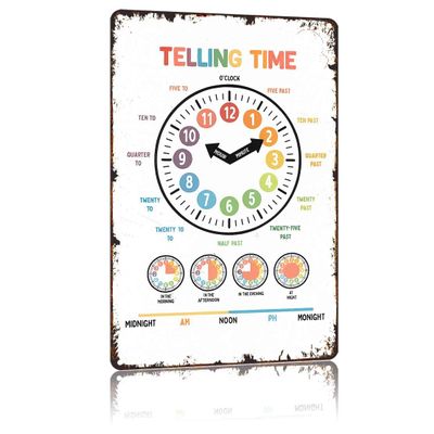 Funny Vintage Telling Time Educational Clock 8x12 Inch Retro Wall Art For Kids Learning Classroom Farmhouse Bathroom Man Cave Garage Aluminum Metal Sign