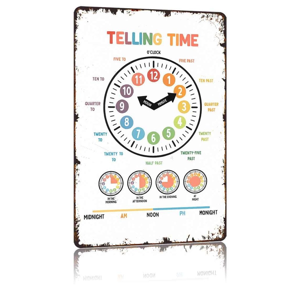 Funny Vintage Telling Time Educational Clock 8x12 Inch Retro Wall Art For Kids Learning Classroom Farmhouse Bathroom Man Cave Garage Aluminum Metal Sign