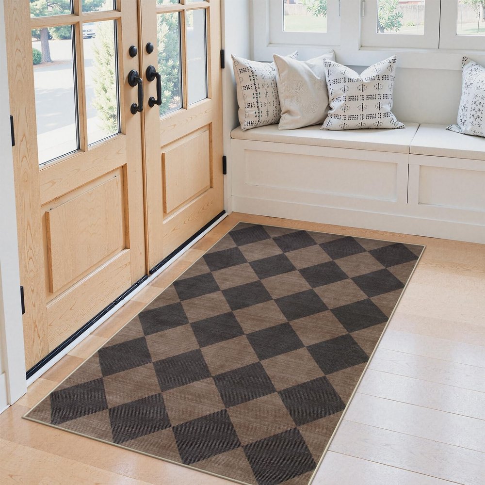GAQ33T Boho Round Area Rug, Washable Non Slip Circular Floor Carpet, for Living Room, Bedroom, Bathroom and Daily Indoor Use(Brown/Blcak,3' x 5' (Rectangular))