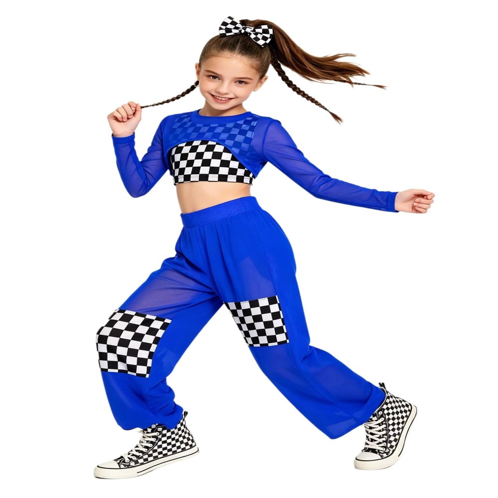 Miaeowve Kids Girls Race Car Driver Costume Checkerboard Print Racing Suit Rhinestone Karting Suit Royal Blue 8 Years