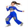 Miaeowve Kids Girls Race Car Driver Costume Checkerboard Print Racing Suit Rhinestone Karting Suit Royal Blue 8 Years view 1