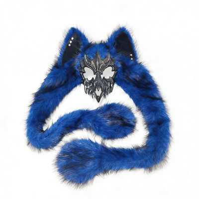 Halloween Wolf Skull Mask,Faux Fur Werewolf Barbarian Mask (Blue)
