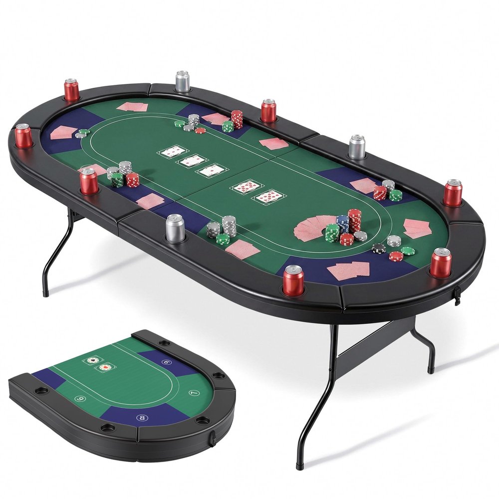 BODIOO Poker Table for 10 Players, 84" Card Board Game Table, Portable Folding Card Table with Dual-Folding Metal Frame, 10 Cup Holders and Padded Rails for Game Room