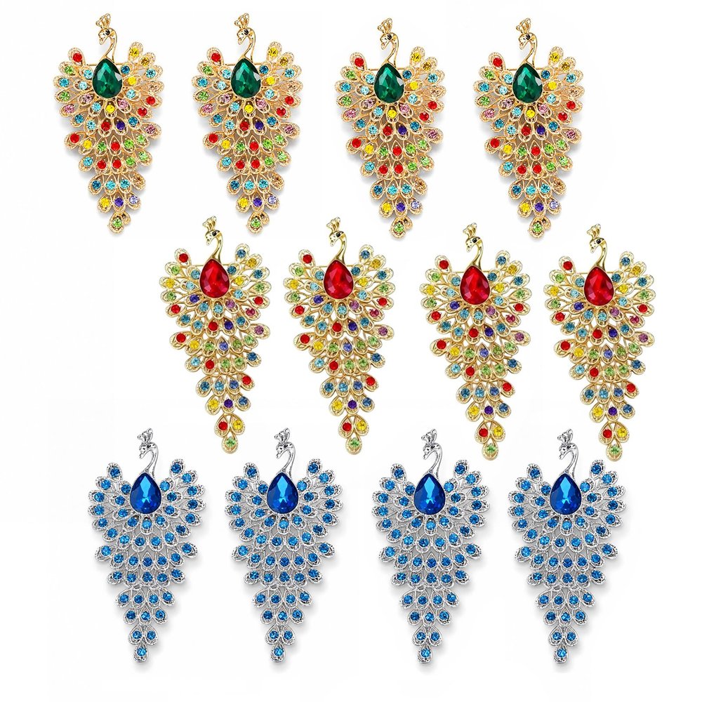 LOGOFUN 12pcs Peacock Brooch Pin Vintage Crystal Lapel for Women
