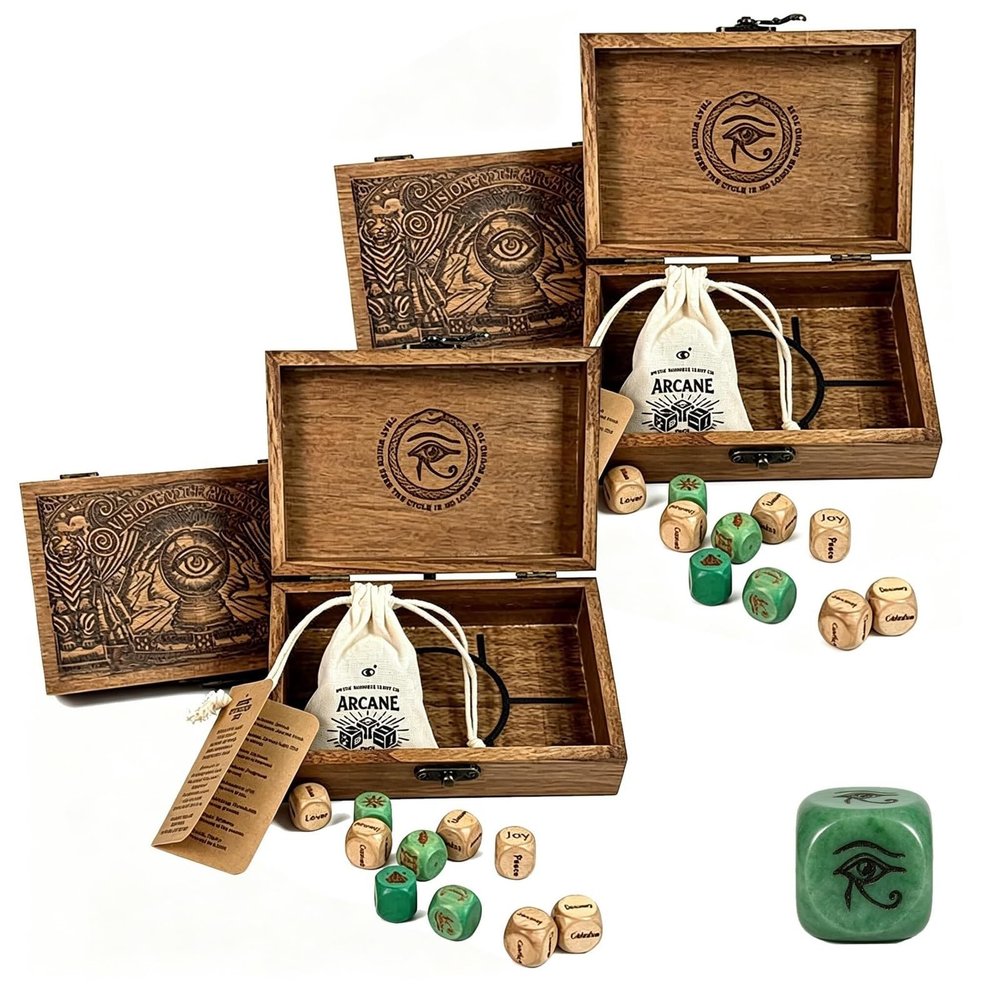 Arcane Divination Oracle Dice Set with Engraved Wooden Storage Box, Handcrafted 10-Piece Symbol Wooden Dice, Intuition Amplifier for Tarot Ritual Meditation Shadow Work Spiritual Guidance