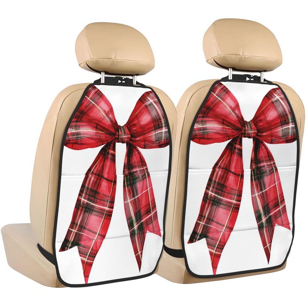 Watercolor Christmas Red Plaid Ribbon Bow Car Seat Back Kick Protector