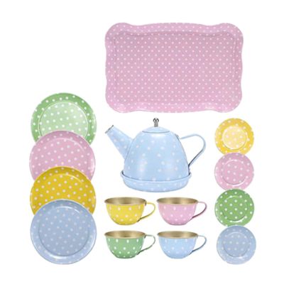 14pcs Tea Party Set for Girls Pretend Kitchen Toy Tea Set Metal Kitchenware Accessory Cups Dishes Food Tray for