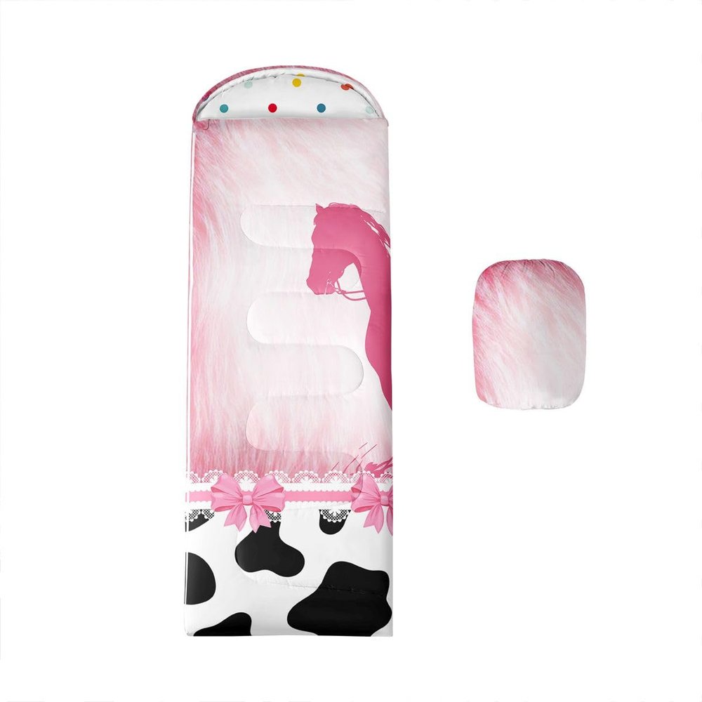 Cowgirl Western Kids Sleeping Bag Pink Cowhide Backpacking Black and White Cow Print Wearable Camping Blanket for Hiking Outdoor Travel Hunting Cowboys Gifts for Women Horse Gifts for Girls Sleep Bag