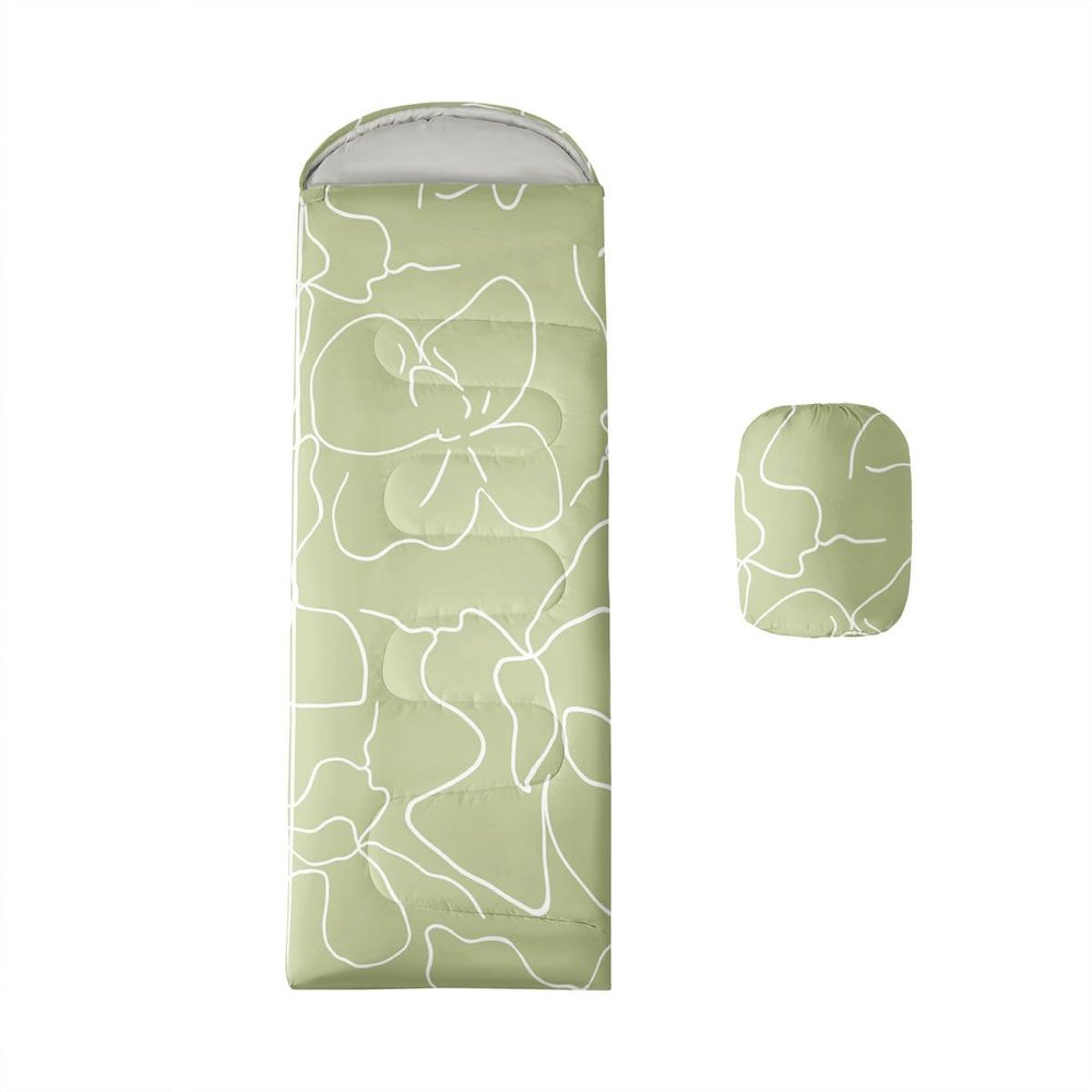 Boho Kids Sleeping Bag Abstract Stripes Backpacking Line Art Floral Striped Wearable Camping Blanket for Hiking Outdoor Travel Hunting Green White Sleep Bag