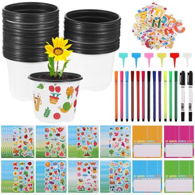 Texvora Garden Plastic Pot Craft Kit, 48 Sets Spring Flower Pot Crafts with Plant Labels, Stickers, Growth Charts, Watercolor Pens and Markers, DIY Planting Growing Tools for Creative Use