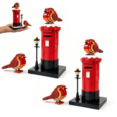 Vintage Postbox & Robin Brick Set, British Robin Bird Building Blocks Model Kit, Retro Postbox Brick Model, Collectible Holiday Home Decor Gift for Bird Lovers, Holiday Christmas Decoration Gift2PCS
