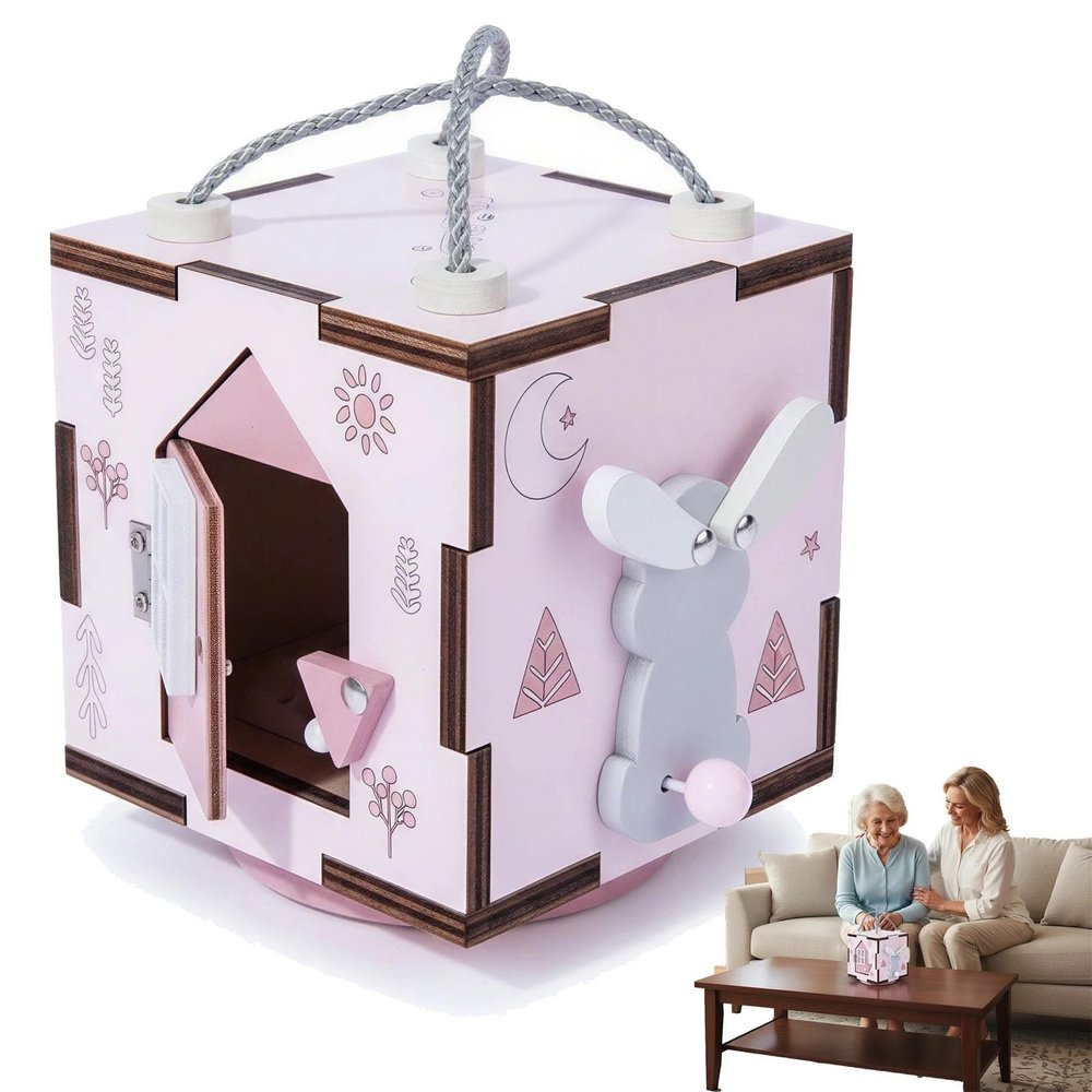 Wooden Busy Activity Cube for Seniors with Interactive Sensory Discovery
