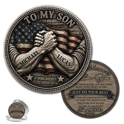 Personalized to My Son Challenge Coin, Fist Bump American Flag