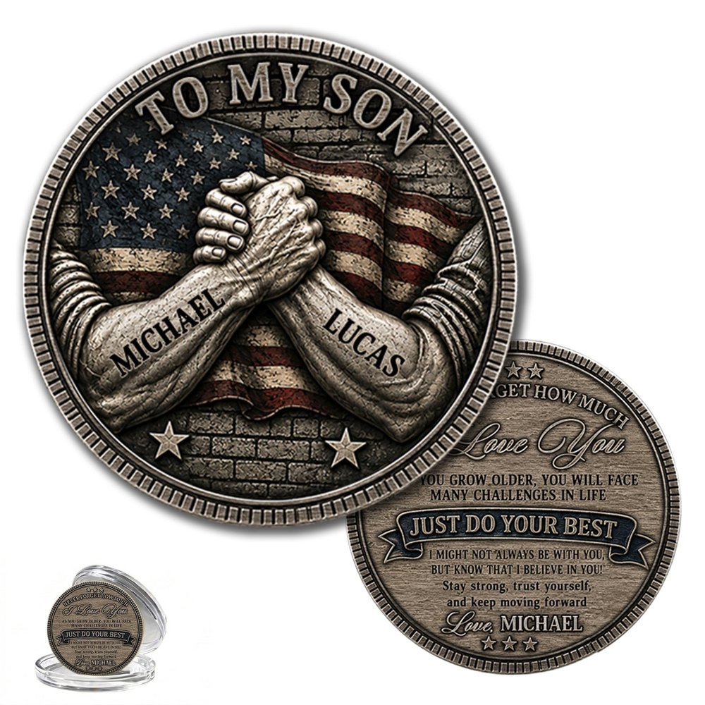 Personalized to My Son Challenge Coin, Fist Bump American Flag
