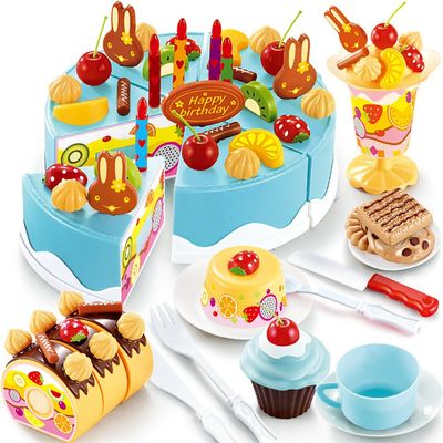 HenMerry 75PCS DIY Cutting Cake Set - Kids Play Kitchen Food Pretend Play Toy - Best for Girls Birthday Party Gift (75PCS Blue)