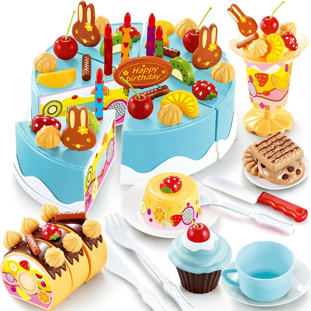 HenMerry 75PCS DIY Cutting Cake Set - Kids Play Kitchen Food Pretend Play Toy - Best for Girls Birthday Party Gift (75PCS Blue)